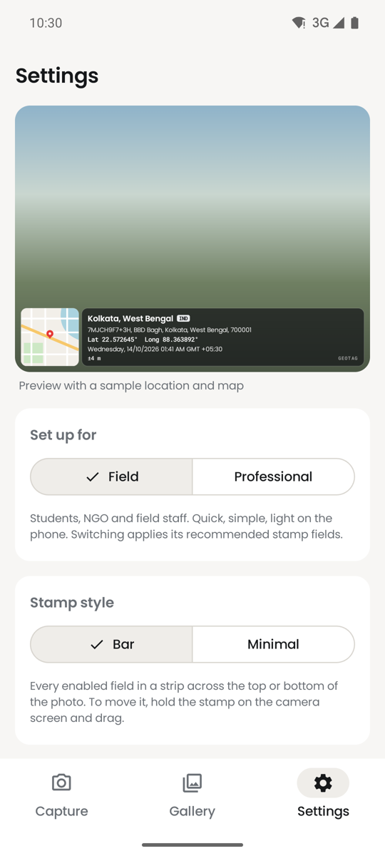 Settings with Field or Professional setup and a live stamp preview